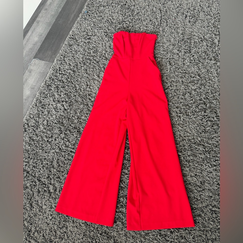 Express Vibrant Red Strapless Jumpsuit